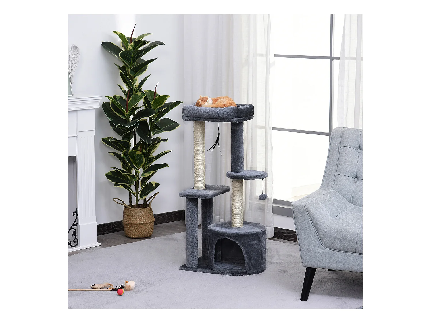 Arbre à chats avec griffoirs grattoirs sisal naturel centre d'activités niche plateformes 2 jouets suspendus gris