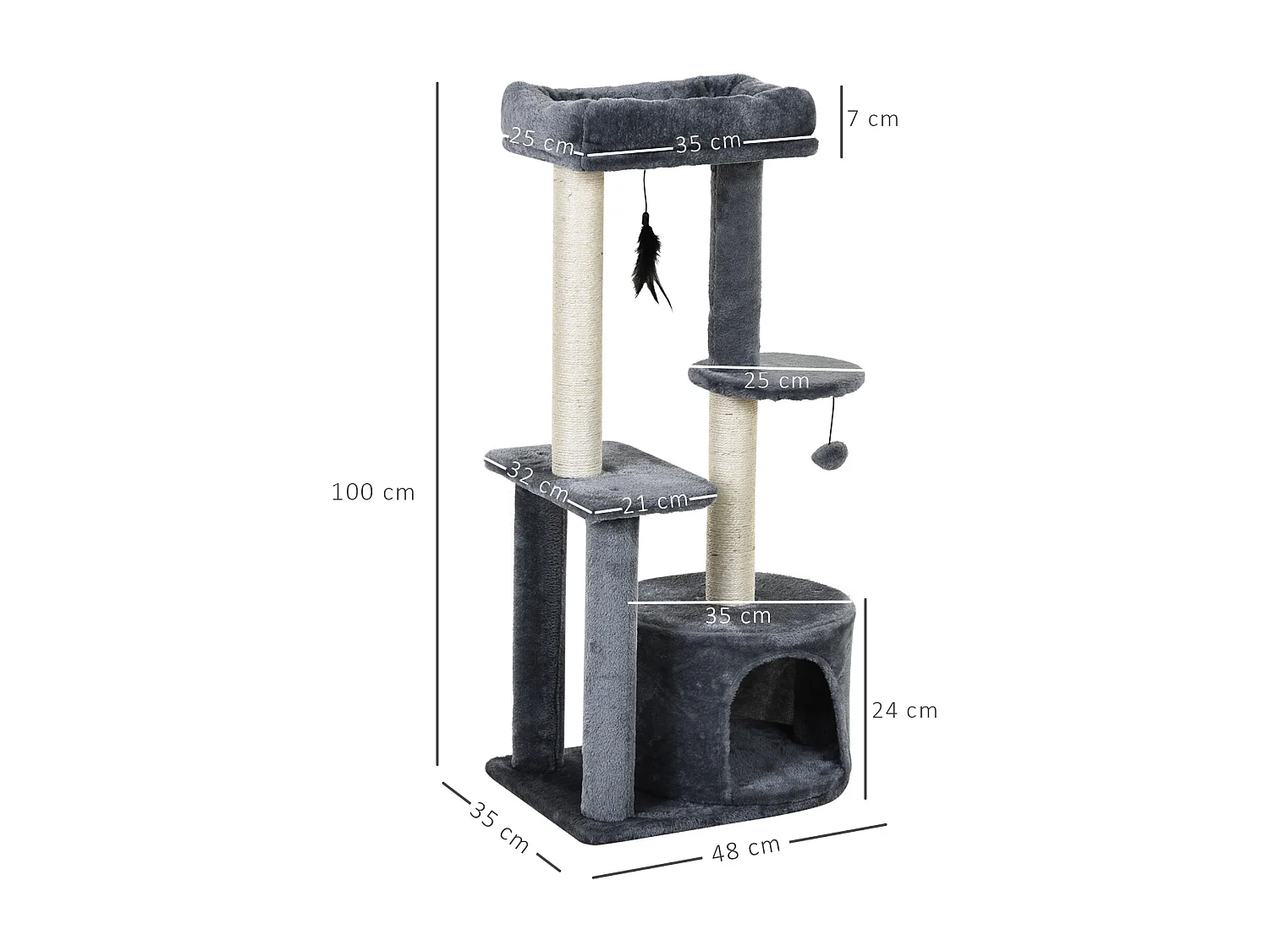 Arbre à chats avec griffoirs grattoirs sisal naturel centre d'activités niche plateformes 2 jouets suspendus gris