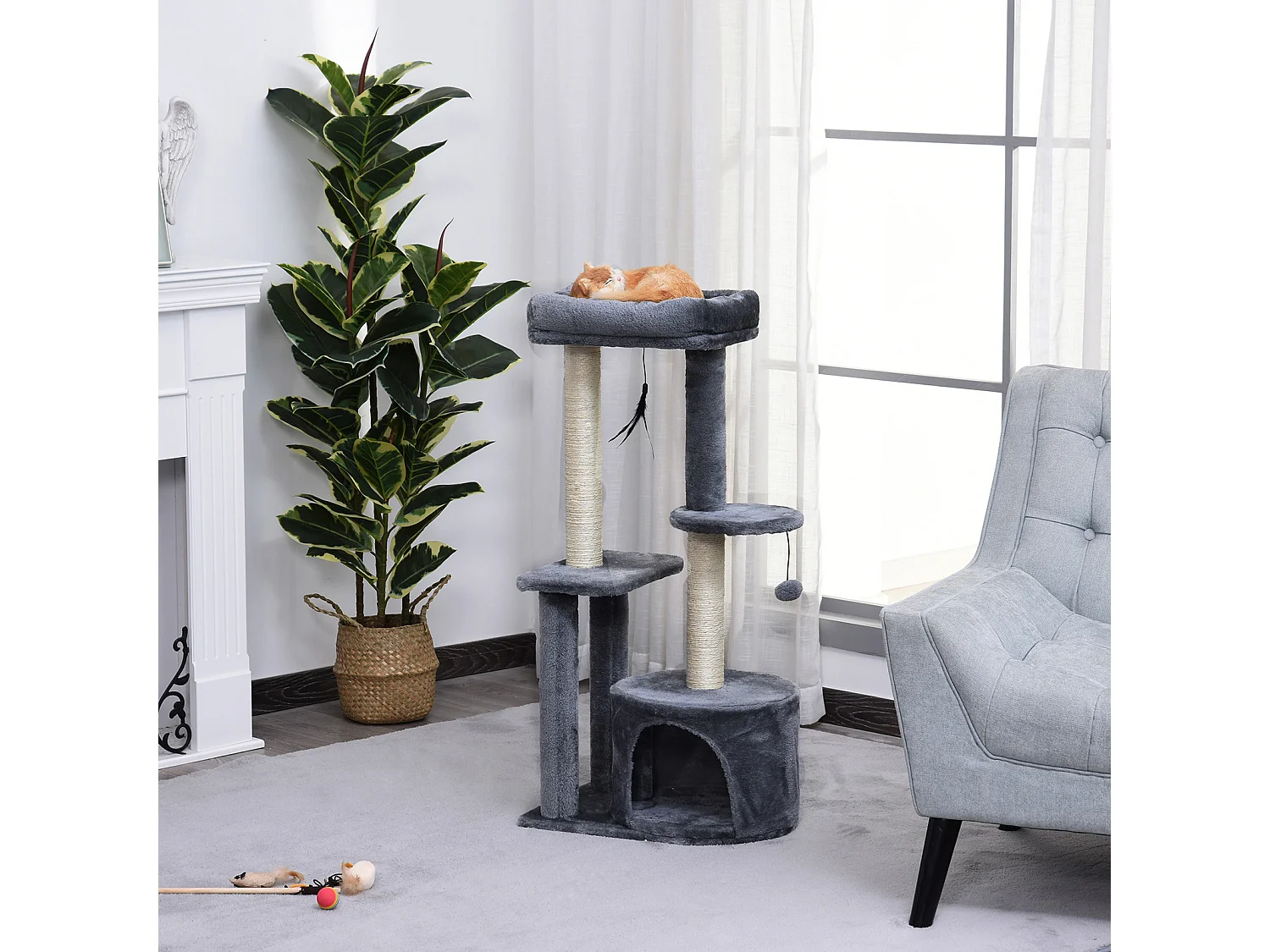 Arbre à chats avec griffoirs grattoirs sisal naturel centre d'activités niche plateformes 2 jouets suspendus gris