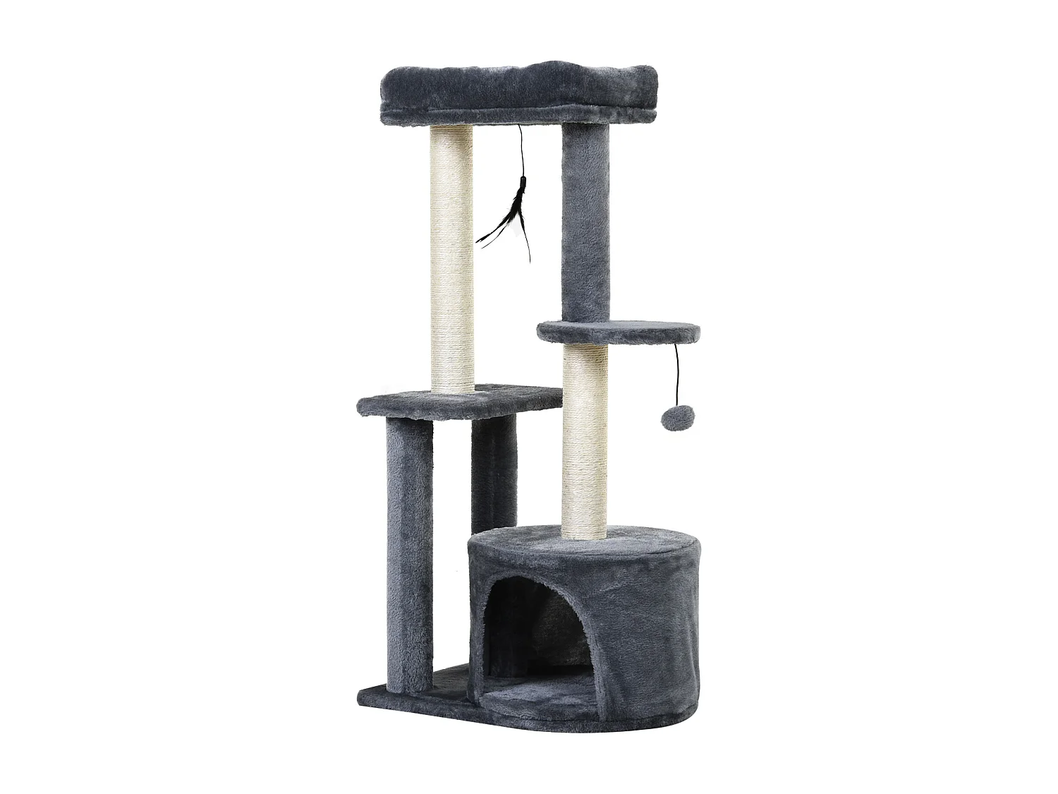 Arbre à chats avec griffoirs grattoirs sisal naturel centre d'activités niche plateformes 2 jouets suspendus gris
