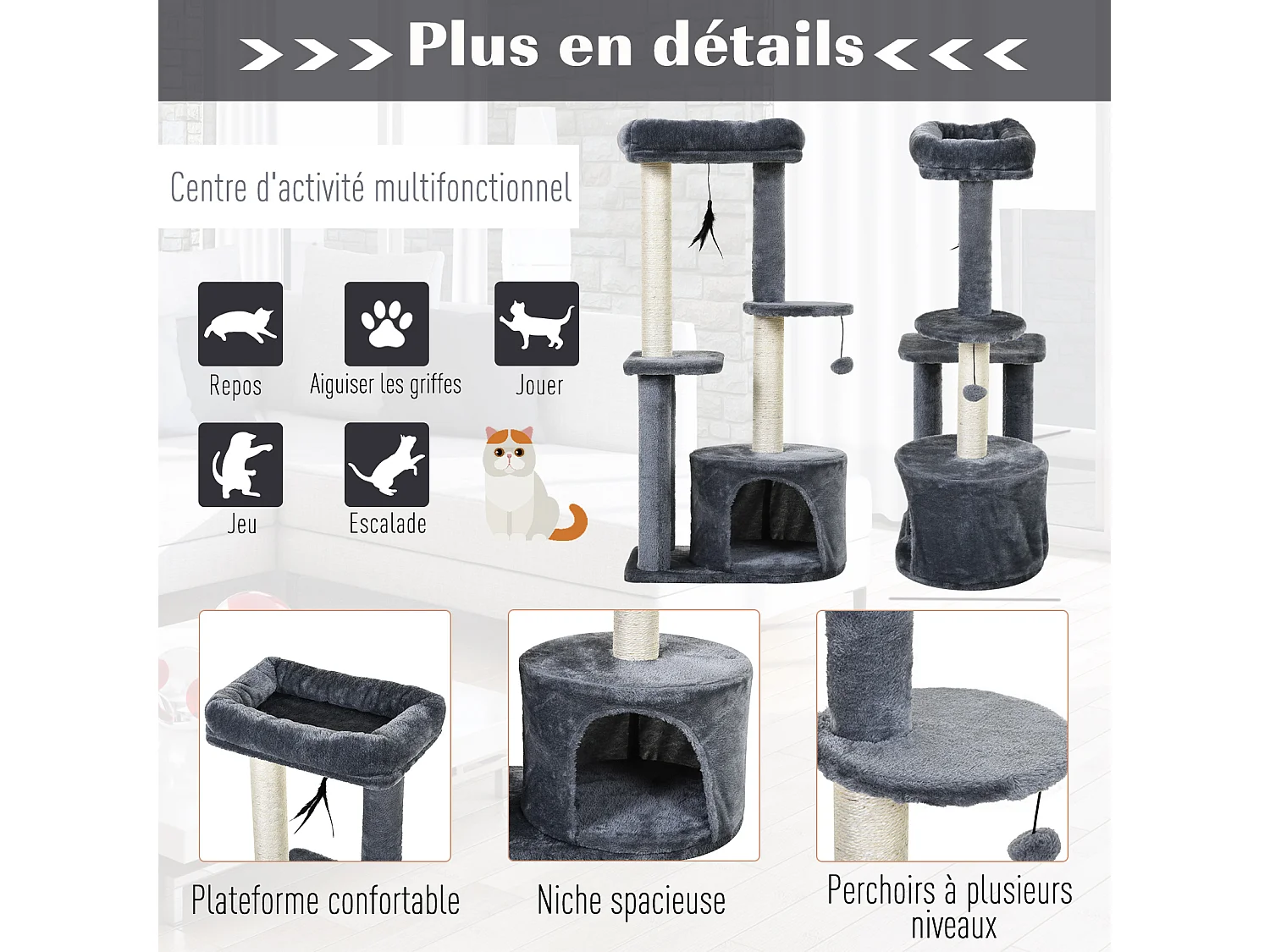 Arbre à chats avec griffoirs grattoirs sisal naturel centre d'activités niche plateformes 2 jouets suspendus gris