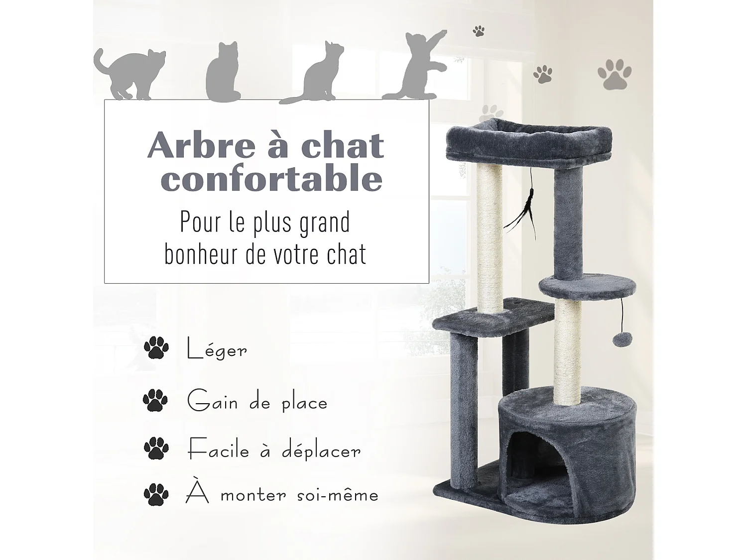 Arbre à chats avec griffoirs grattoirs sisal naturel centre d'activités niche plateformes 2 jouets suspendus gris