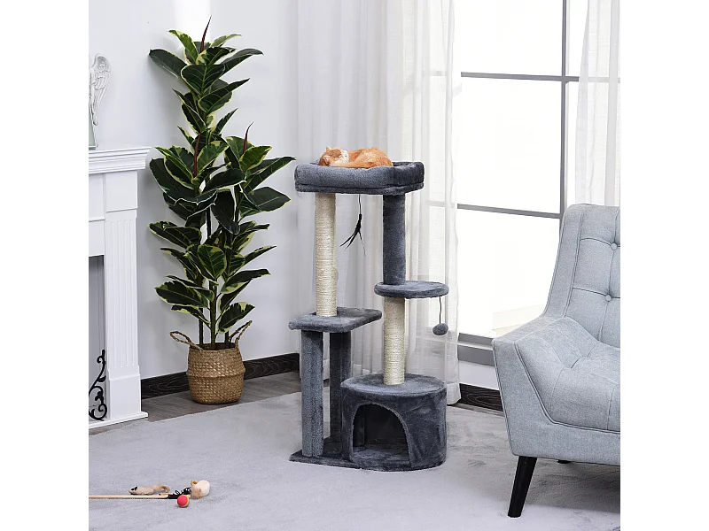 Arbre à chats avec griffoirs grattoirs sisal naturel centre d'activités niche plateformes 2 jouets suspendus gris