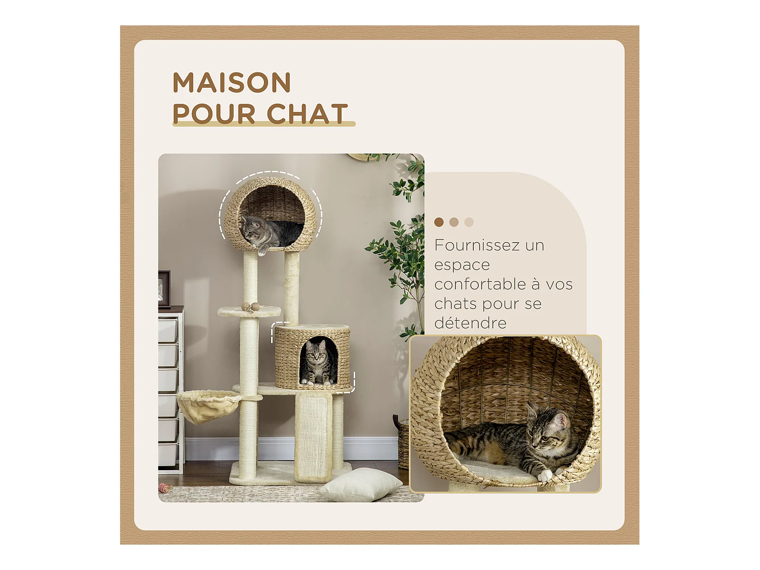 Arbre à chat style cosy chic griffoirs grattoir sisal 2 grandes niches plateforme hamac peluche courte beige jacinthe d'eau
