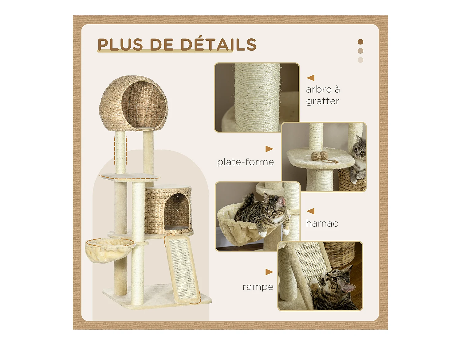 Arbre à chat style cosy chic griffoirs grattoir sisal 2 grandes niches plateforme hamac peluche courte beige jacinthe d'eau