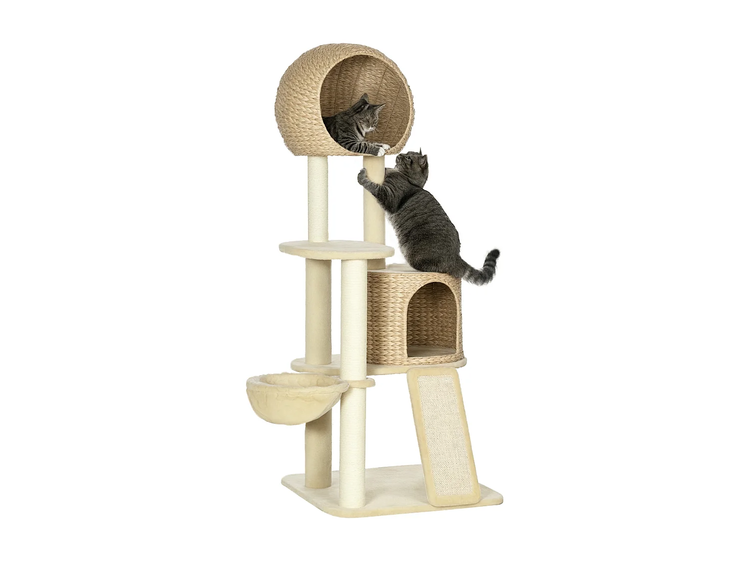 Arbre à chat style cosy chic griffoirs grattoir sisal 2 grandes niches plateforme hamac peluche courte beige jacinthe d'eau