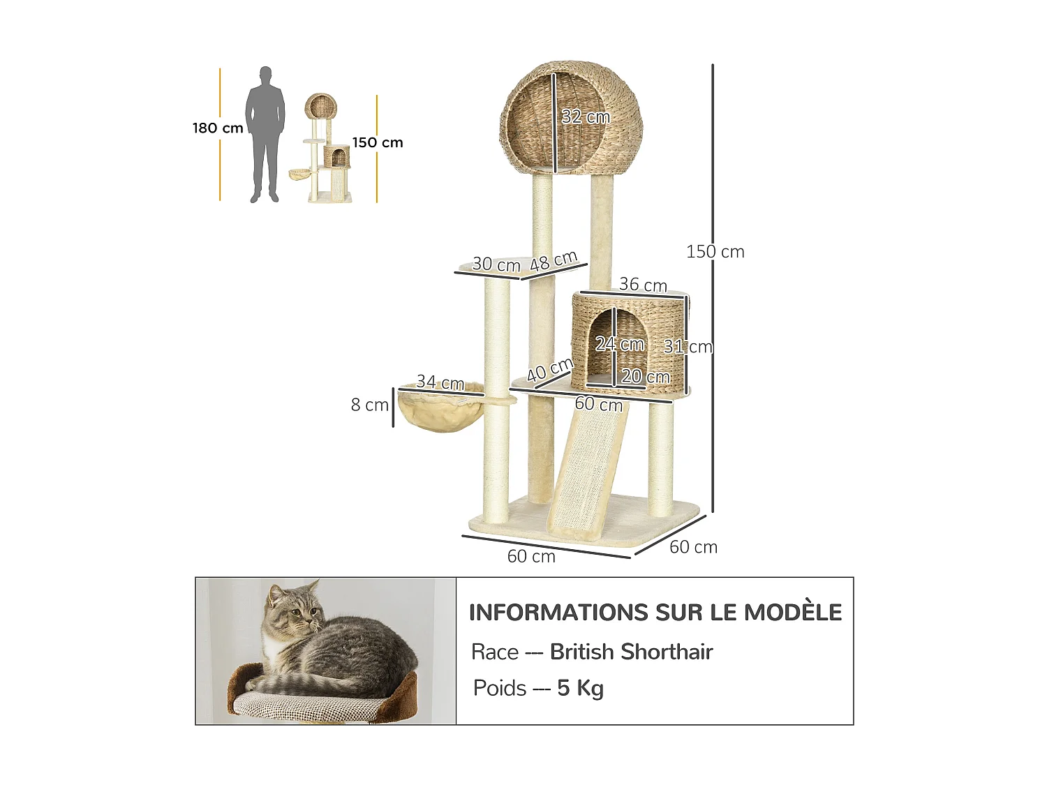 Arbre à chat style cosy chic griffoirs grattoir sisal 2 grandes niches plateforme hamac peluche courte beige jacinthe d'eau