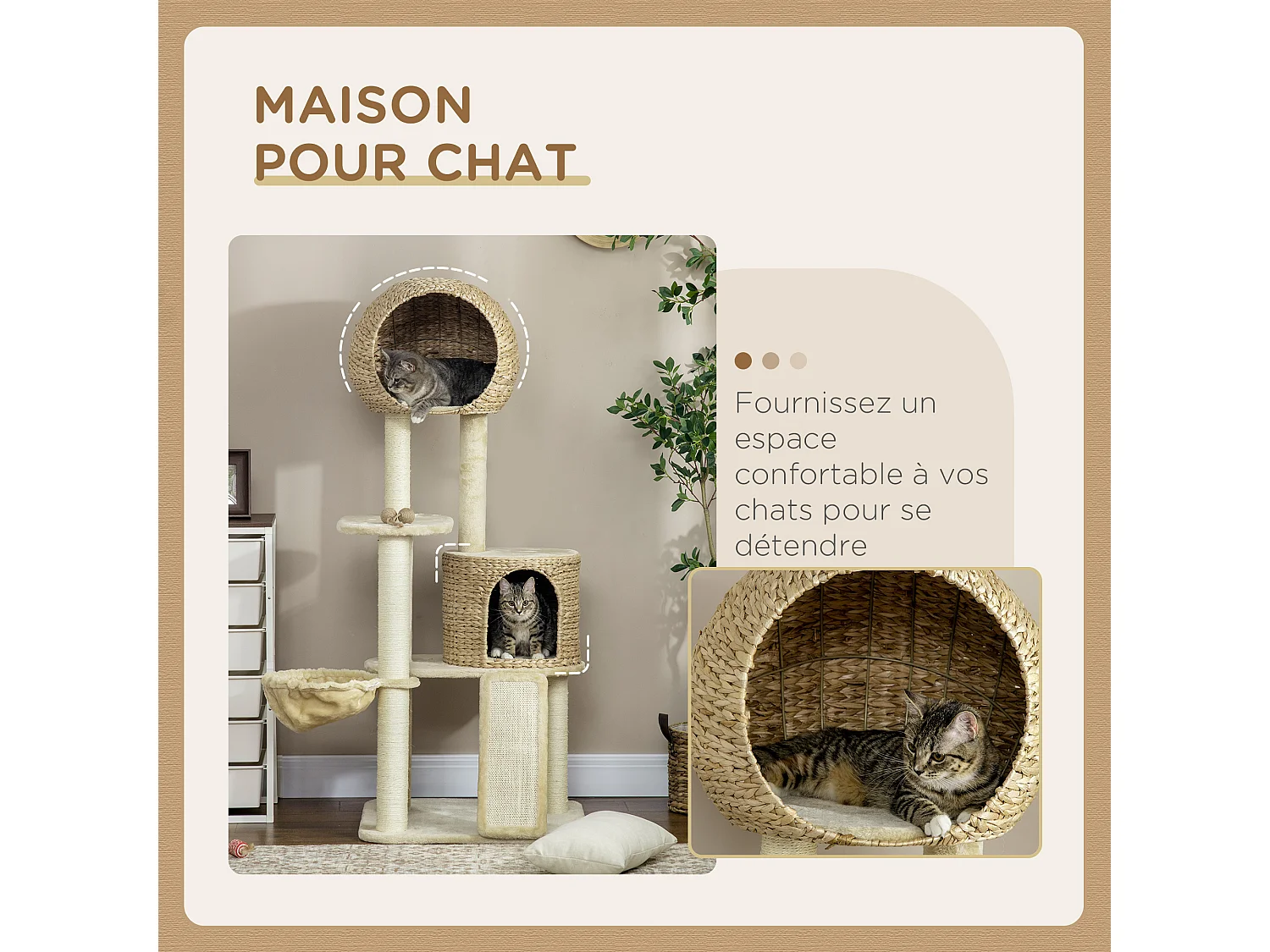 Arbre à chat style cosy chic griffoirs grattoir sisal 2 grandes niches plateforme hamac peluche courte beige jacinthe d'eau
