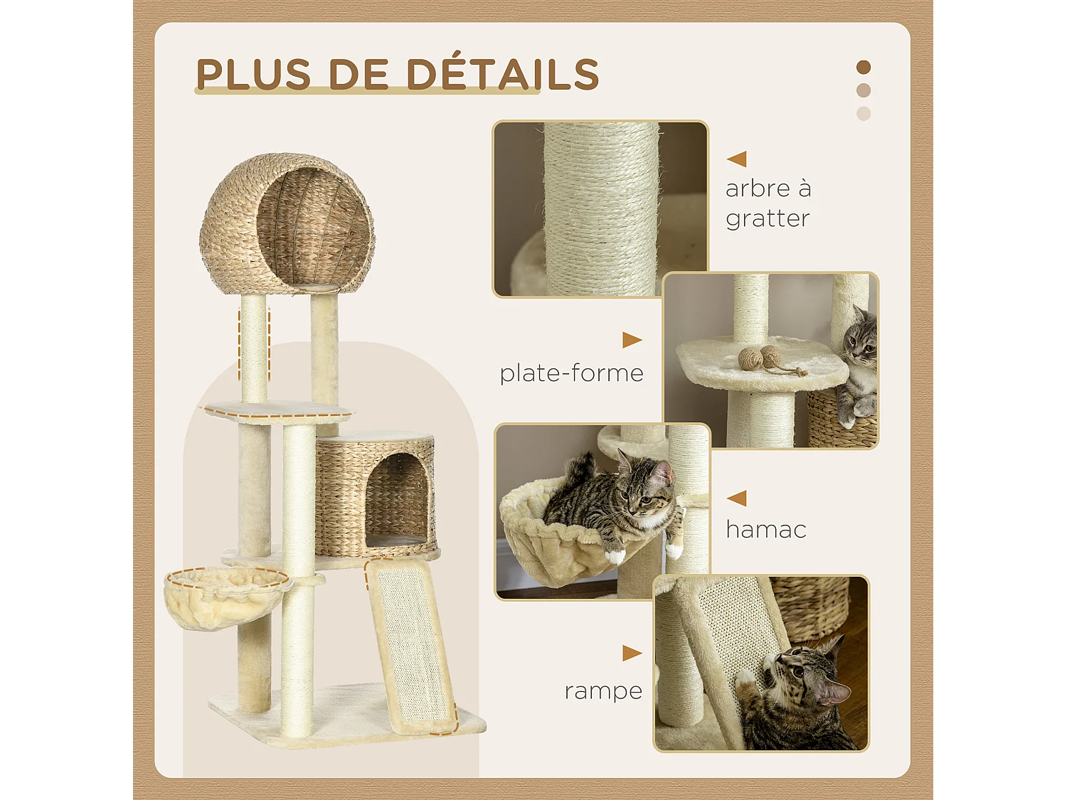 Arbre à chat style cosy chic griffoirs grattoir sisal 2 grandes niches plateforme hamac peluche courte beige jacinthe d'eau
