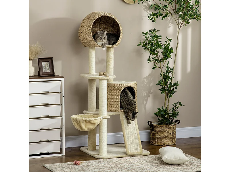 Arbre à chat style cosy chic griffoirs grattoir sisal 2 grandes niches plateforme hamac peluche courte beige jacinthe d'eau