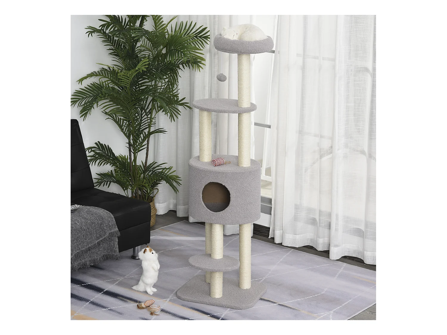 PawHut Arbre à Chats avec Griffoir Niche Poteaux Peluche Haute Densité 45L x 40L x 148H cm Gris