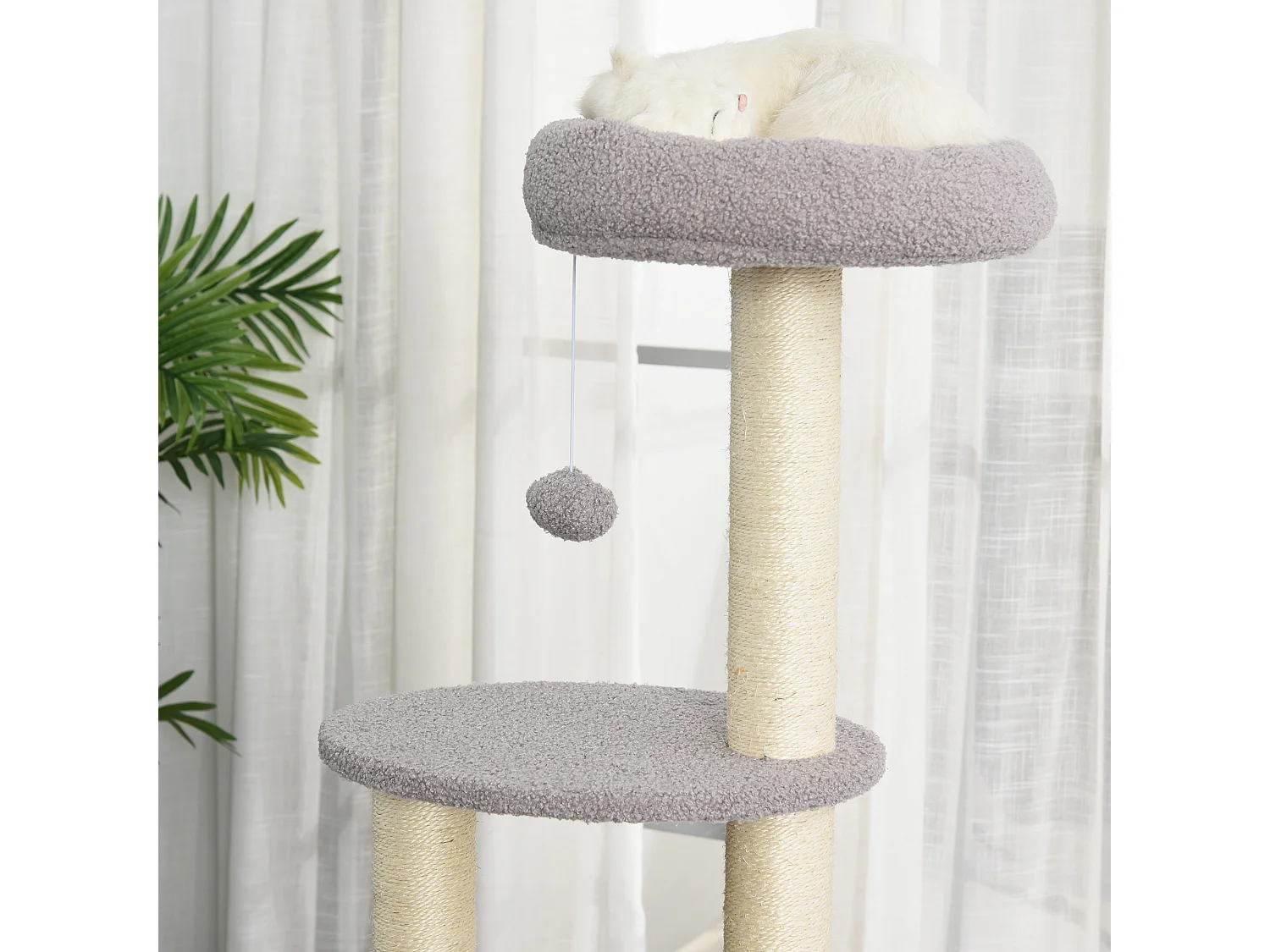 PawHut Arbre à Chats avec Griffoir Niche Poteaux Peluche Haute Densité 45L x 40L x 148H cm Gris