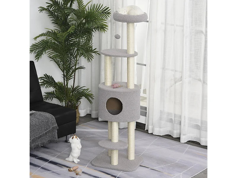 PawHut Arbre à Chats avec Griffoir Niche Poteaux Peluche Haute Densité 45L x 40L x 148H cm Gris