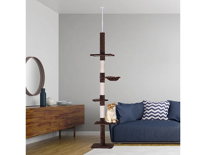 Arbre à chat poteau à griffer L40 x l 34 x H 230-260 cm 5 niveaux d'activités marron