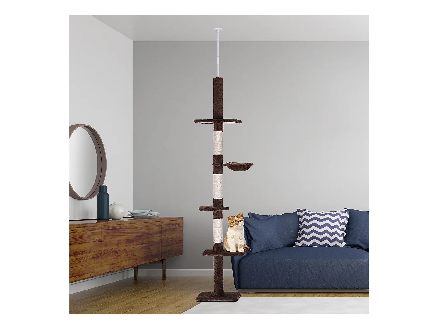 Arbre à chat poteau à griffer L40 x l 34 x H 230-260 cm 5 niveaux d'activités marron
