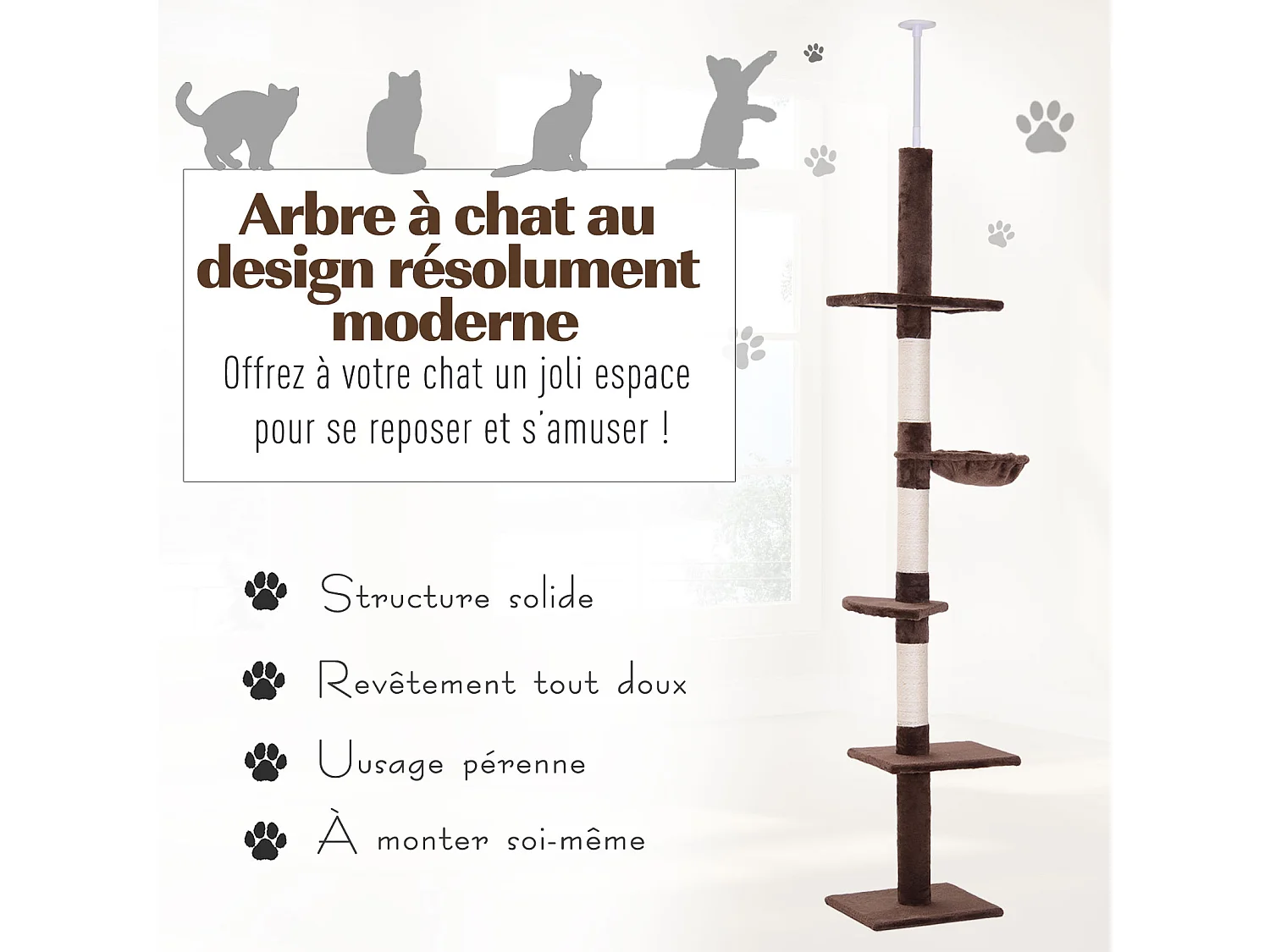 Arbre à chat poteau à griffer L40 x l 34 x H 230-260 cm 5 niveaux d'activités marron