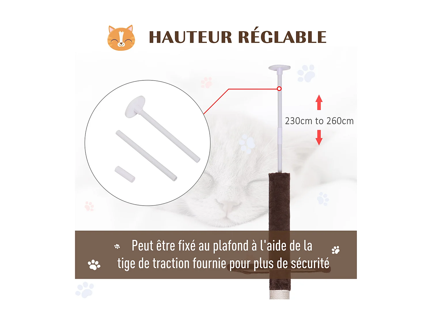 Arbre à chat poteau à griffer L40 x l 34 x H 230-260 cm 5 niveaux d'activités marron