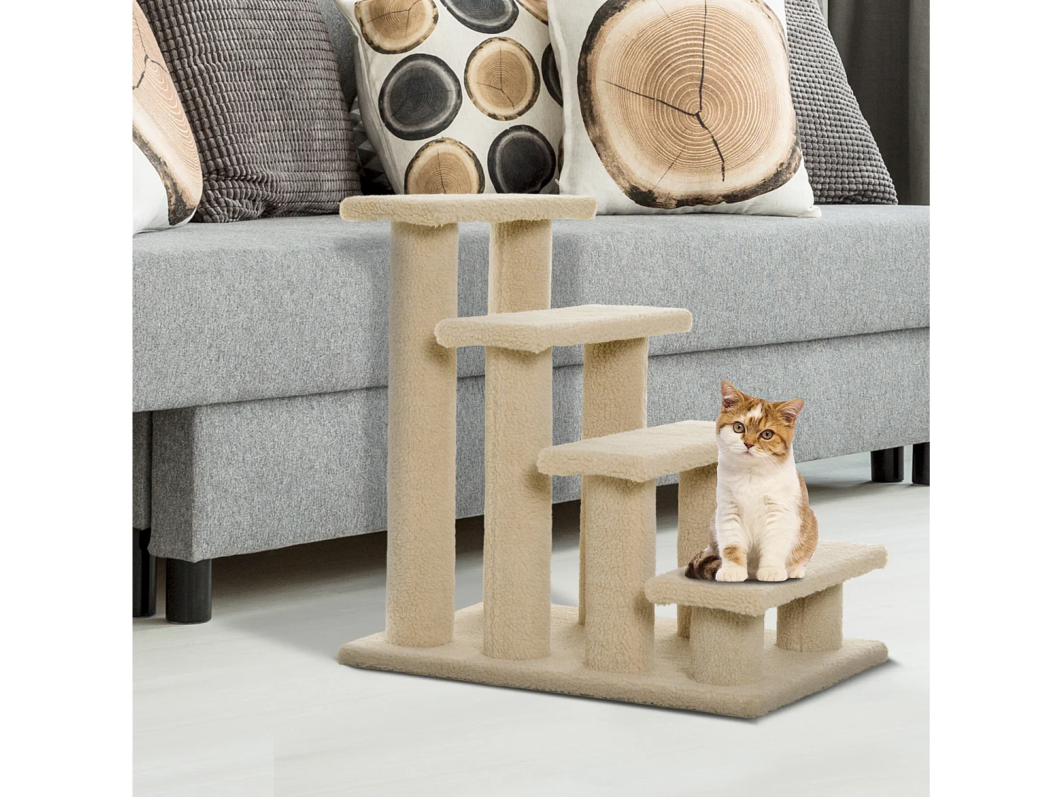 Escalier pour chat - escalier pour chien - 4 marches - revêtement flanelle grande douceur haute densité - structure panneaux particules - beige