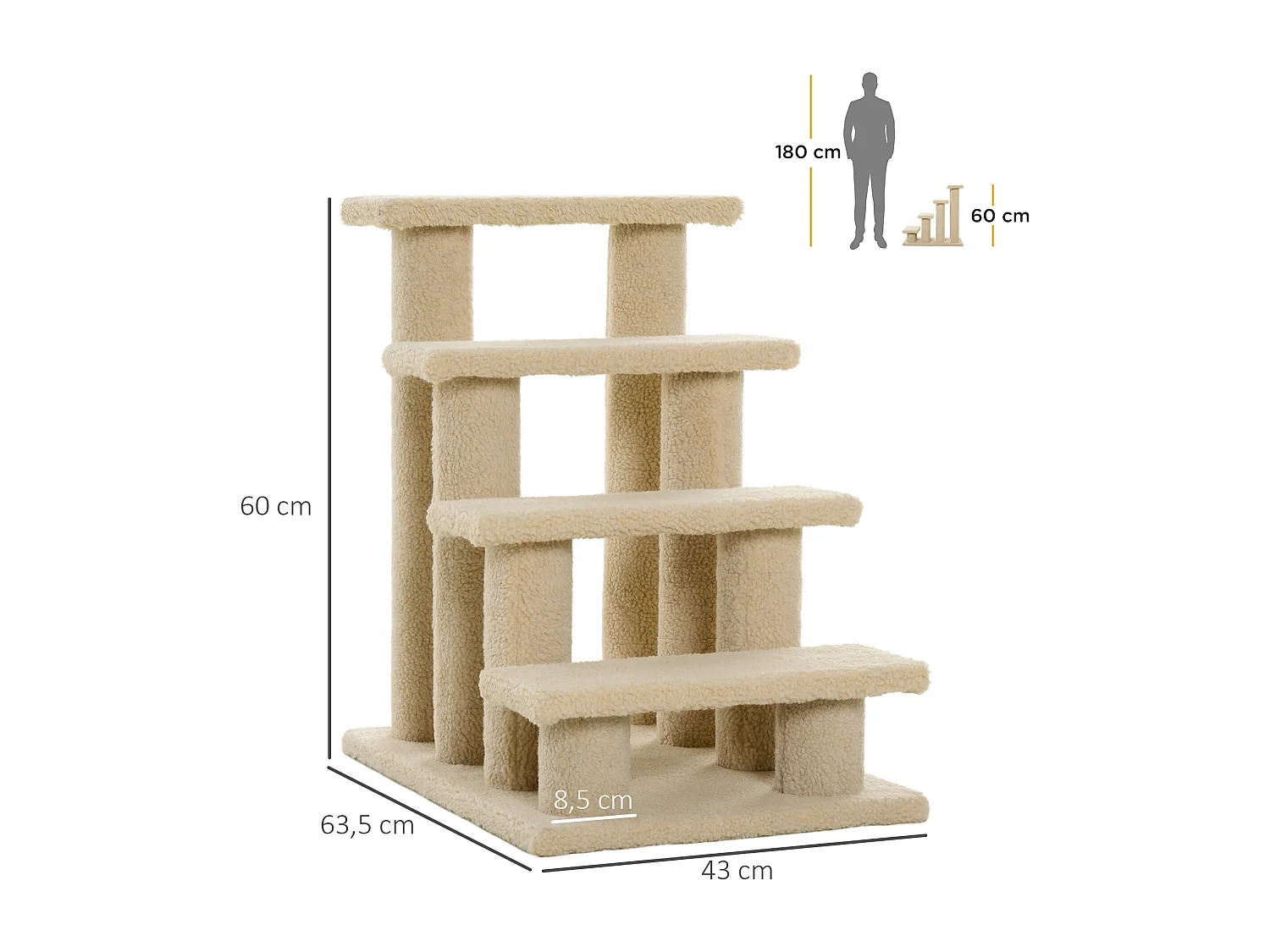 Escalier pour chat - escalier pour chien - 4 marches - revêtement flanelle grande douceur haute densité - structure panneaux particules - beige
