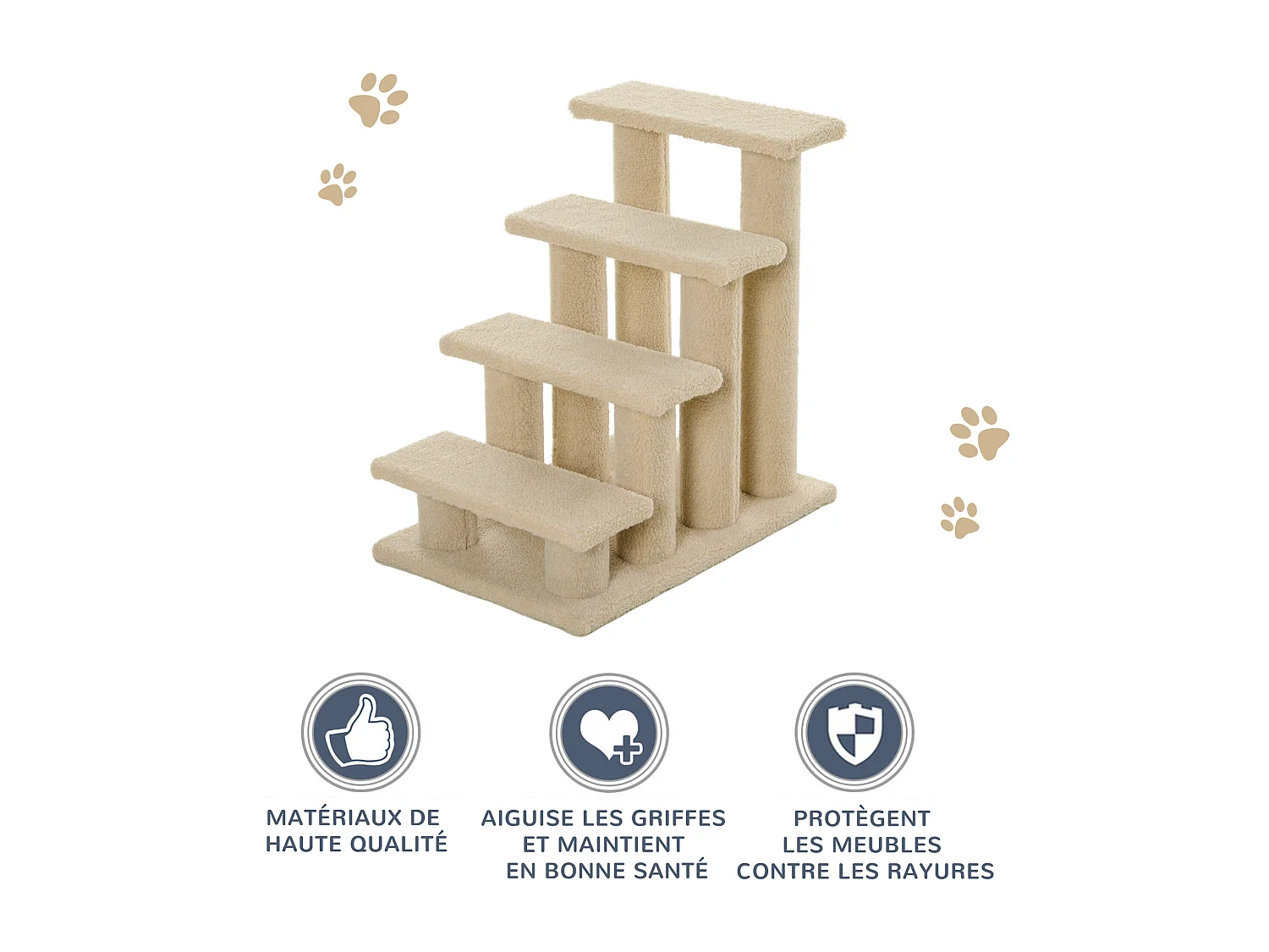 Escalier pour chat - escalier pour chien - 4 marches - revêtement flanelle grande douceur haute densité - structure panneaux particules - beige
