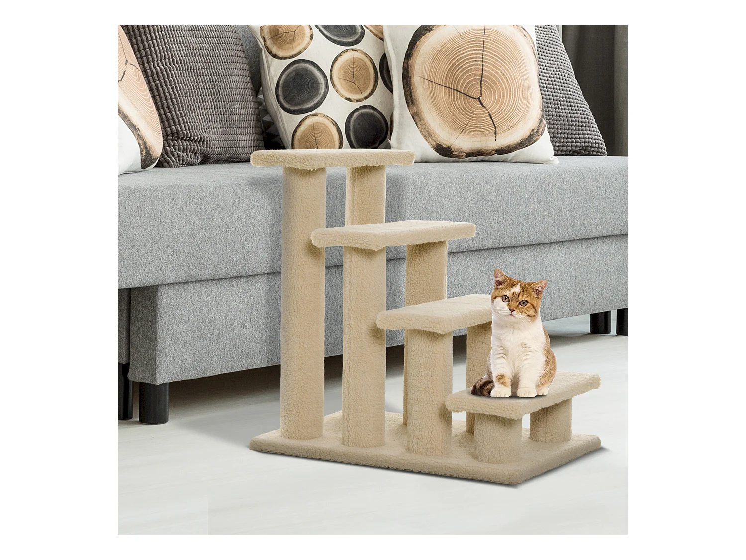 Escalier pour chat - escalier pour chien - 4 marches - revêtement flanelle grande douceur haute densité - structure panneaux particules - beige