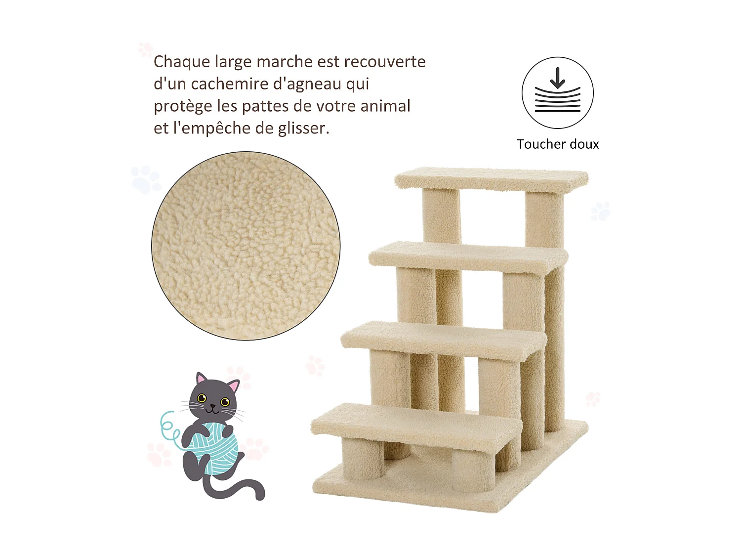 Escalier pour chat - escalier pour chien - 4 marches - revêtement flanelle grande douceur haute densité - structure panneaux particules - beige