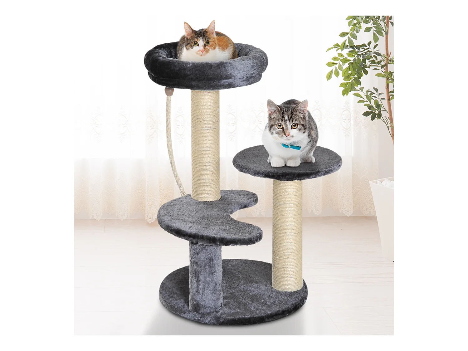 Arbre à chats 2 griffoirs grattoirs sisal naturel 3 plateformes corde à grimper dim. Ø 40 x 65H cm peluche haute densité 500 g/m² gris