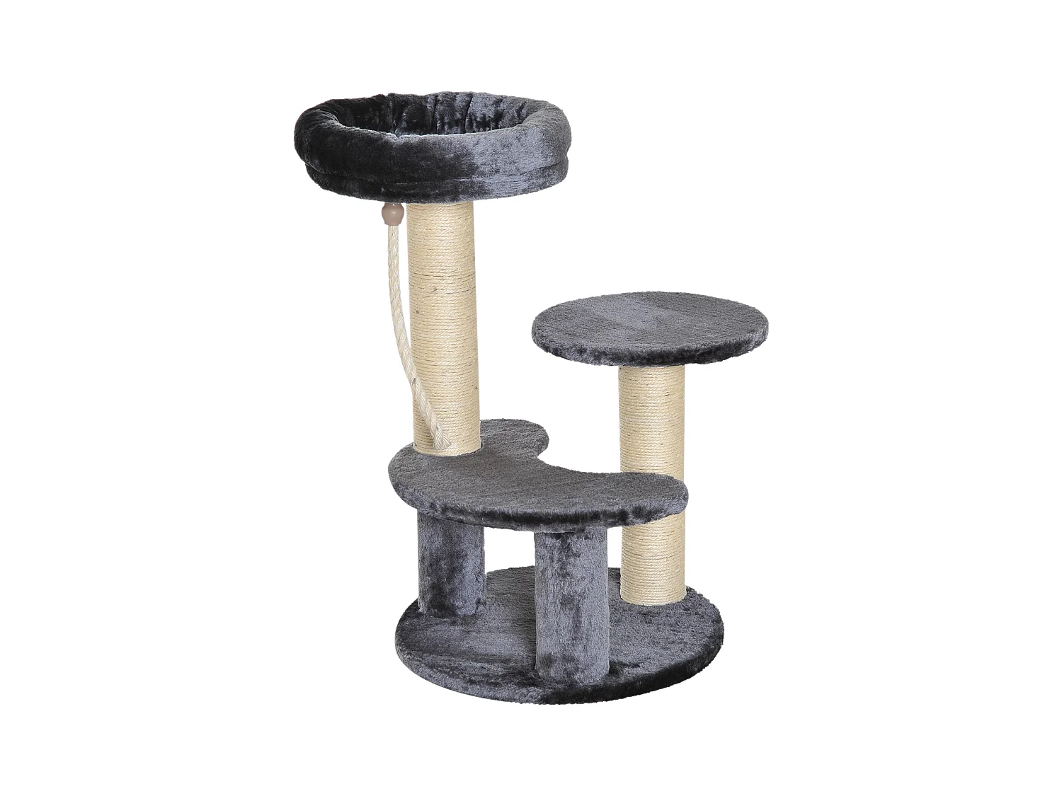 Arbre à chats 2 griffoirs grattoirs sisal naturel 3 plateformes corde à grimper dim. Ø 40 x 65H cm peluche haute densité 500 g/m² gris