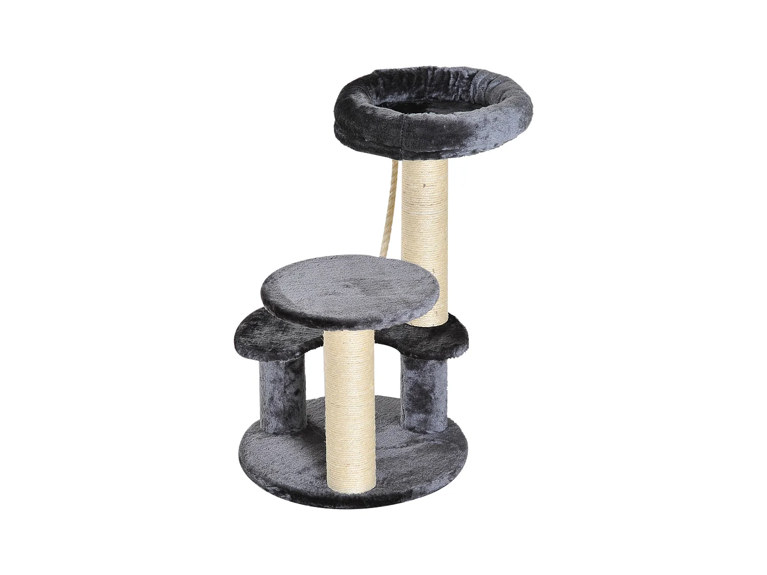 Arbre à chats 2 griffoirs grattoirs sisal naturel 3 plateformes corde à grimper dim. Ø 40 x 65H cm peluche haute densité 500 g/m² gris