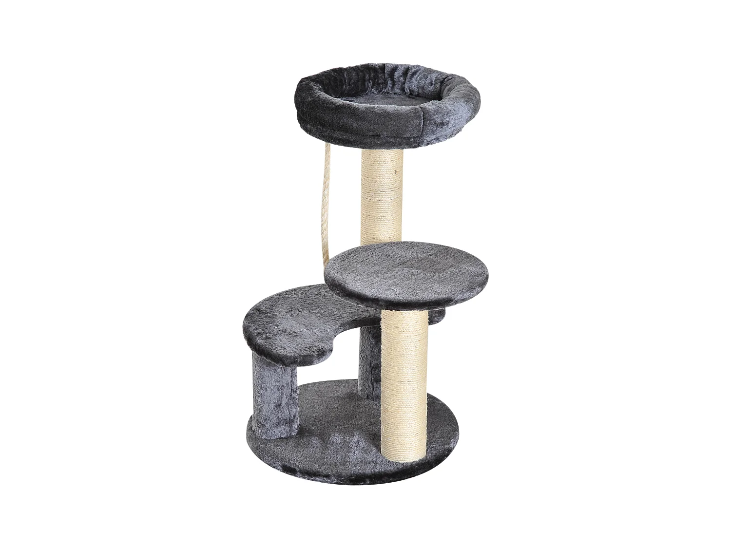 Arbre à chats 2 griffoirs grattoirs sisal naturel 3 plateformes corde à grimper dim. Ø 40 x 65H cm peluche haute densité 500 g/m² gris