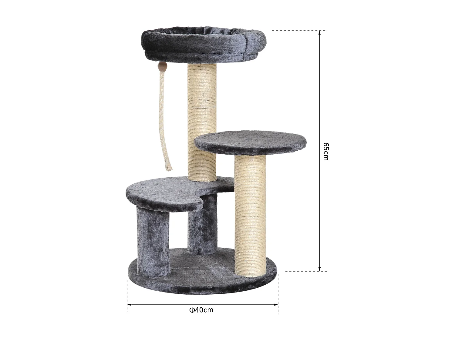 Arbre à chats 2 griffoirs grattoirs sisal naturel 3 plateformes corde à grimper dim. Ø 40 x 65H cm peluche haute densité 500 g/m² gris