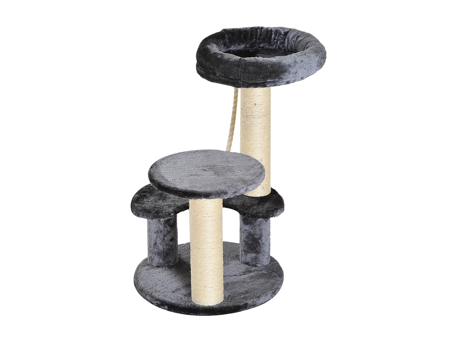 Arbre à chats 2 griffoirs grattoirs sisal naturel 3 plateformes corde à grimper dim. Ø 40 x 65H cm peluche haute densité 500 g/m² gris