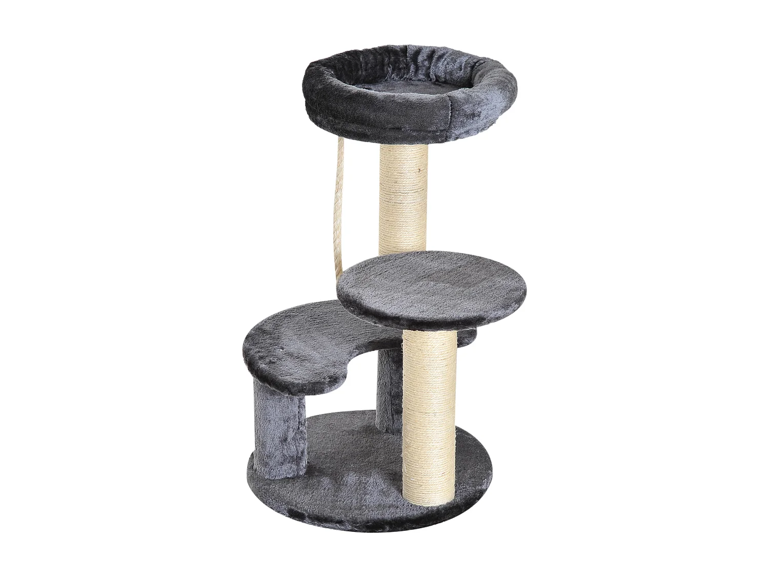 Arbre à chats 2 griffoirs grattoirs sisal naturel 3 plateformes corde à grimper dim. Ø 40 x 65H cm peluche haute densité 500 g/m² gris