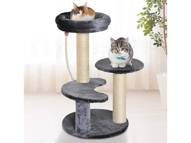Arbre à chats 2 griffoirs grattoirs sisal naturel 3 plateformes corde à grimper dim. Ø 40 x 65H cm peluche haute densité 500 g/m² gris