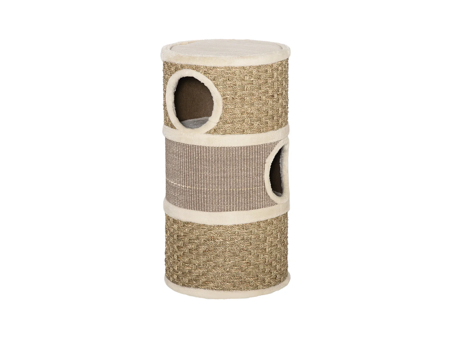 Arbre à chat cylindrique - tour à griffer pour chat - arbre à chat tour - Tonneau griffoir - 3 niches + plateforme - sisal corde d'algues beige