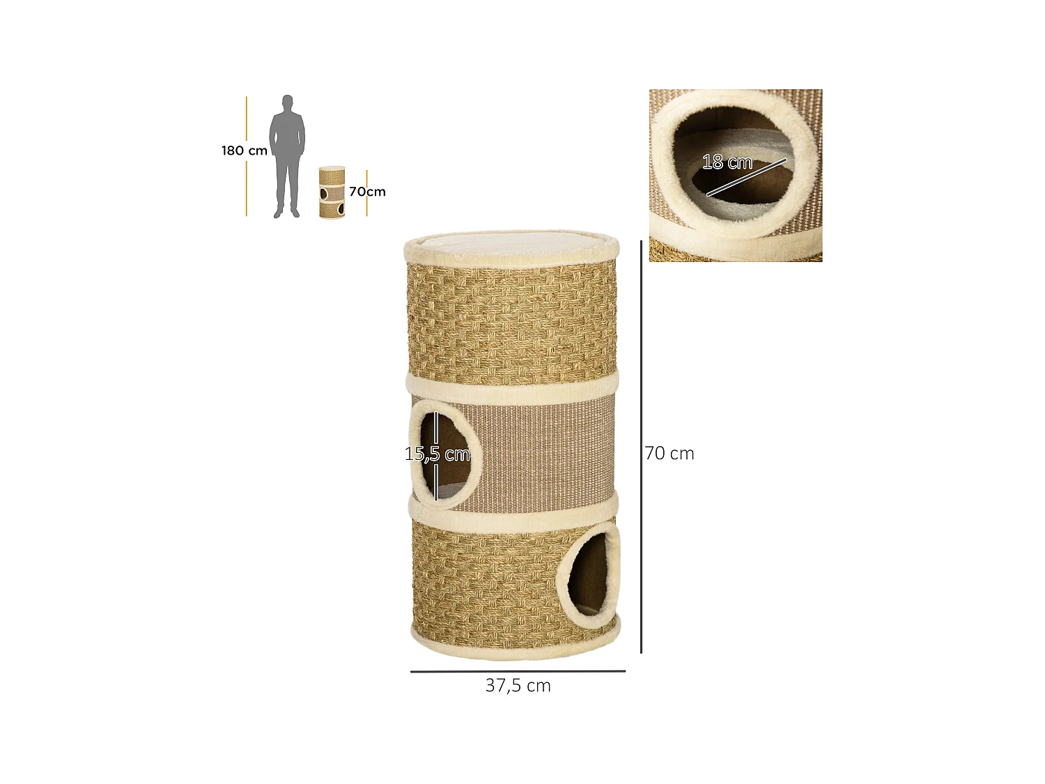 Arbre à chat cylindrique - tour à griffer pour chat - arbre à chat tour - Tonneau griffoir - 3 niches + plateforme - sisal corde d'algues beige