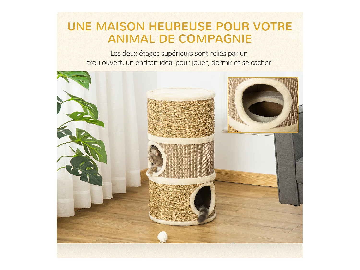 Arbre à chat cylindrique - tour à griffer pour chat - arbre à chat tour - Tonneau griffoir - 3 niches + plateforme - sisal corde d'algues beige