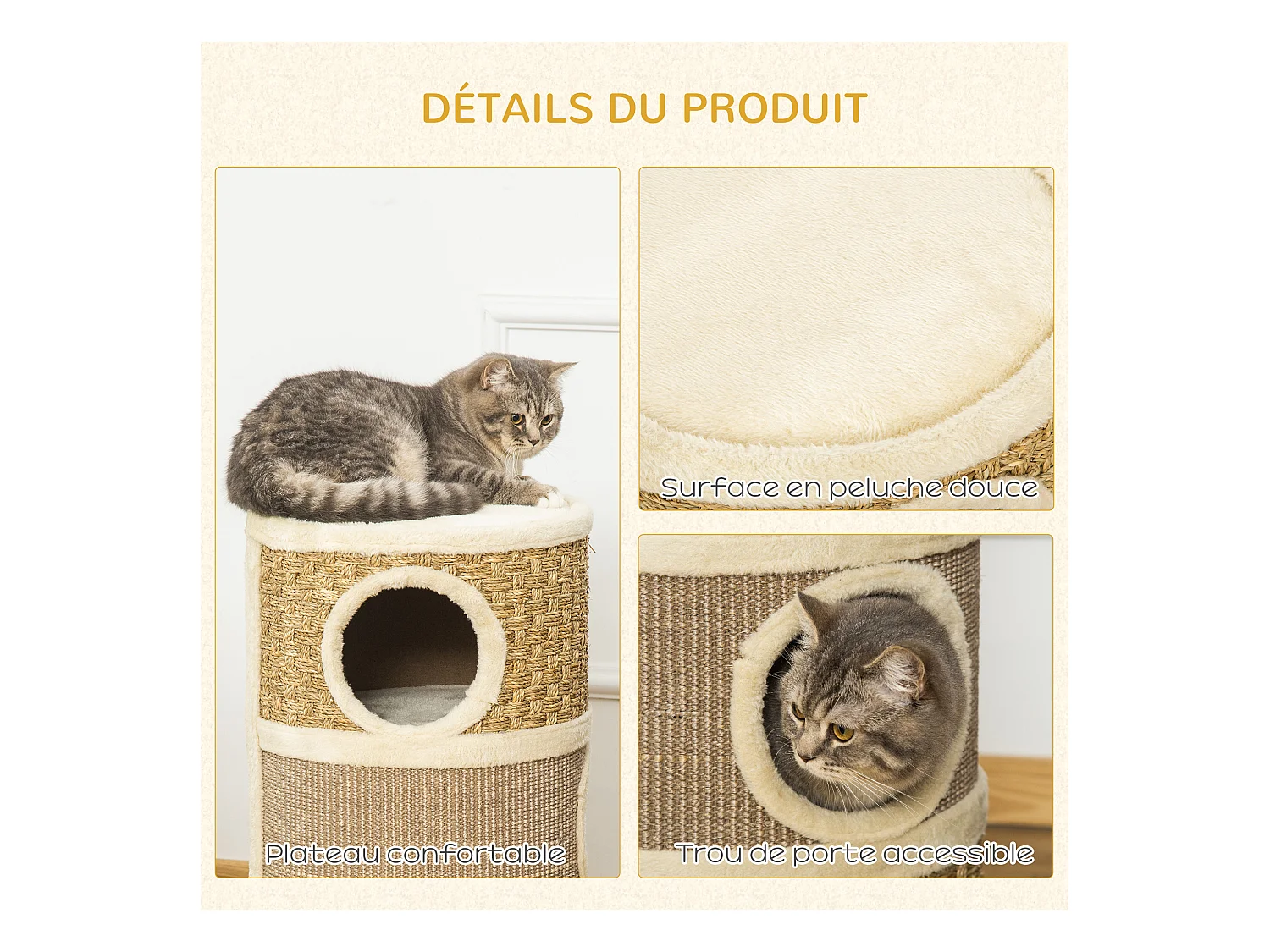 Arbre à chat cylindrique - tour à griffer pour chat - arbre à chat tour - Tonneau griffoir - 3 niches + plateforme - sisal corde d'algues beige