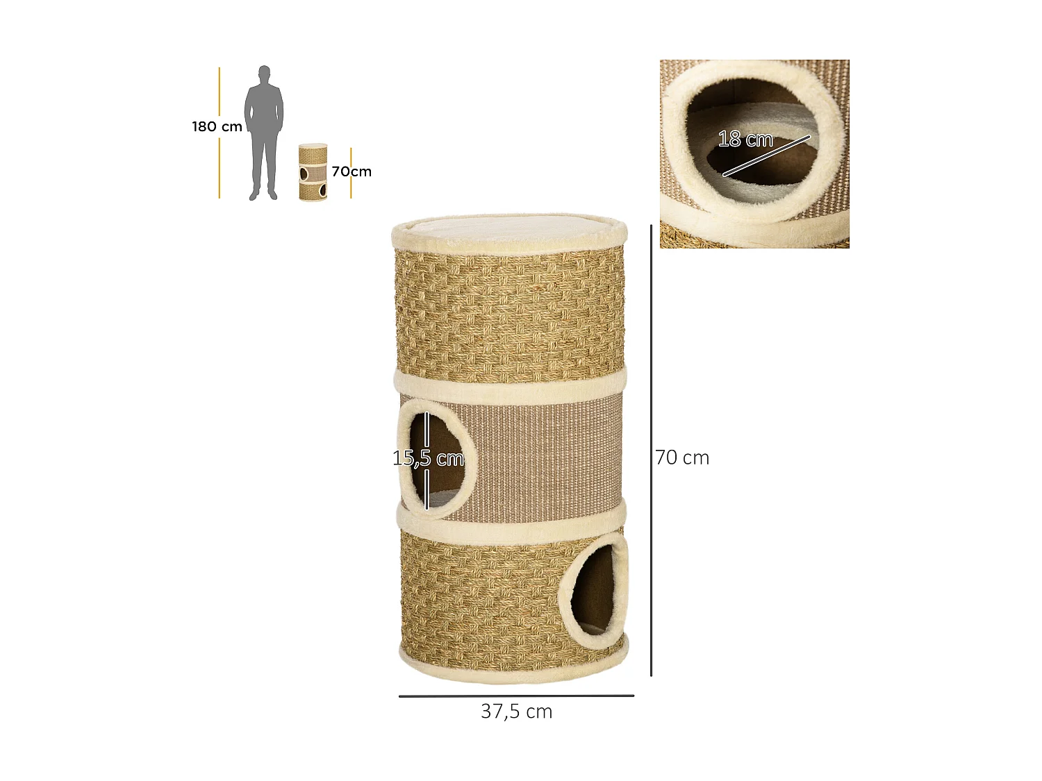 Arbre à chat cylindrique - tour à griffer pour chat - arbre à chat tour - Tonneau griffoir - 3 niches + plateforme - sisal corde d'algues beige
