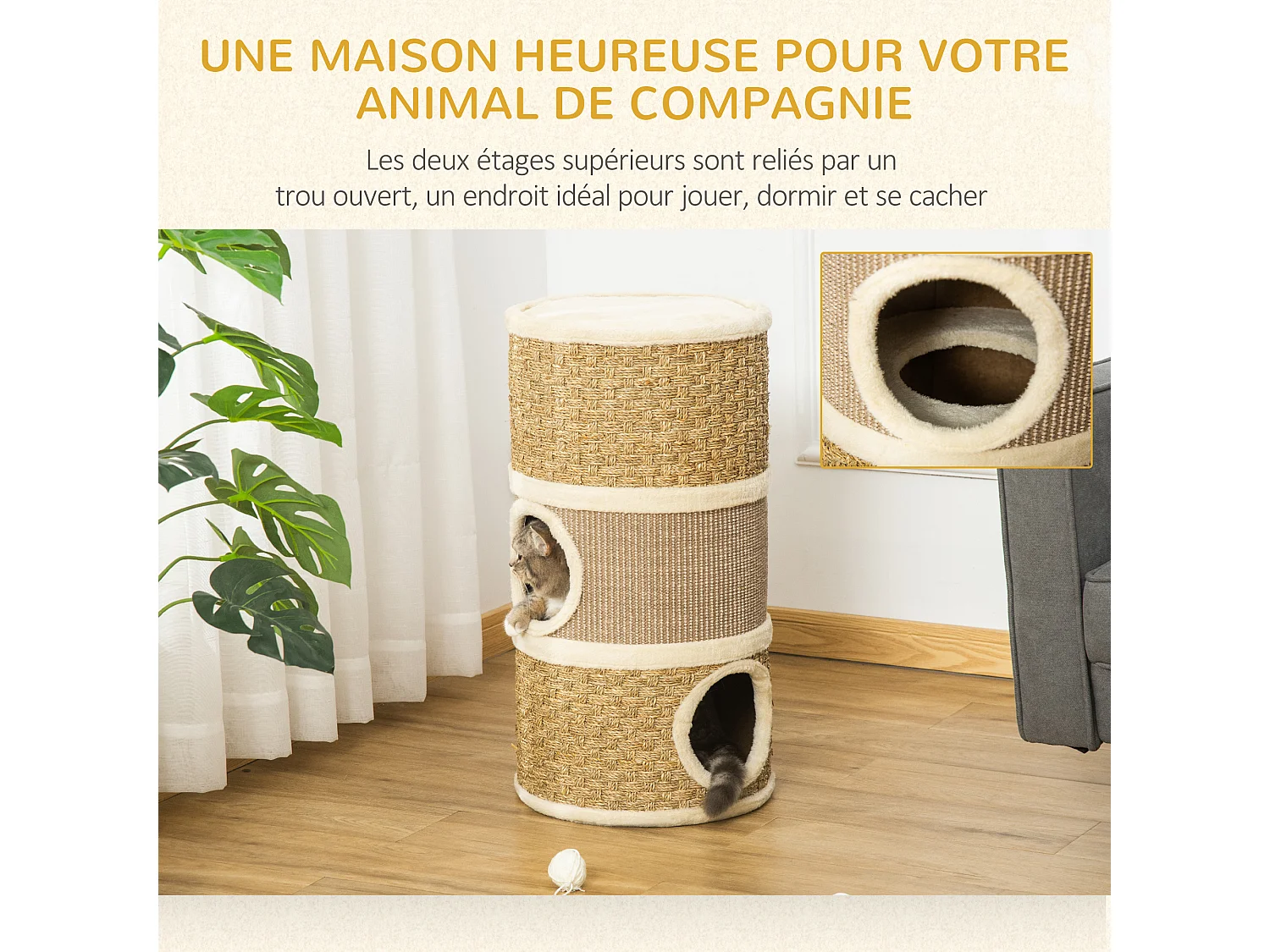 Arbre à chat cylindrique - tour à griffer pour chat - arbre à chat tour - Tonneau griffoir - 3 niches + plateforme - sisal corde d'algues beige