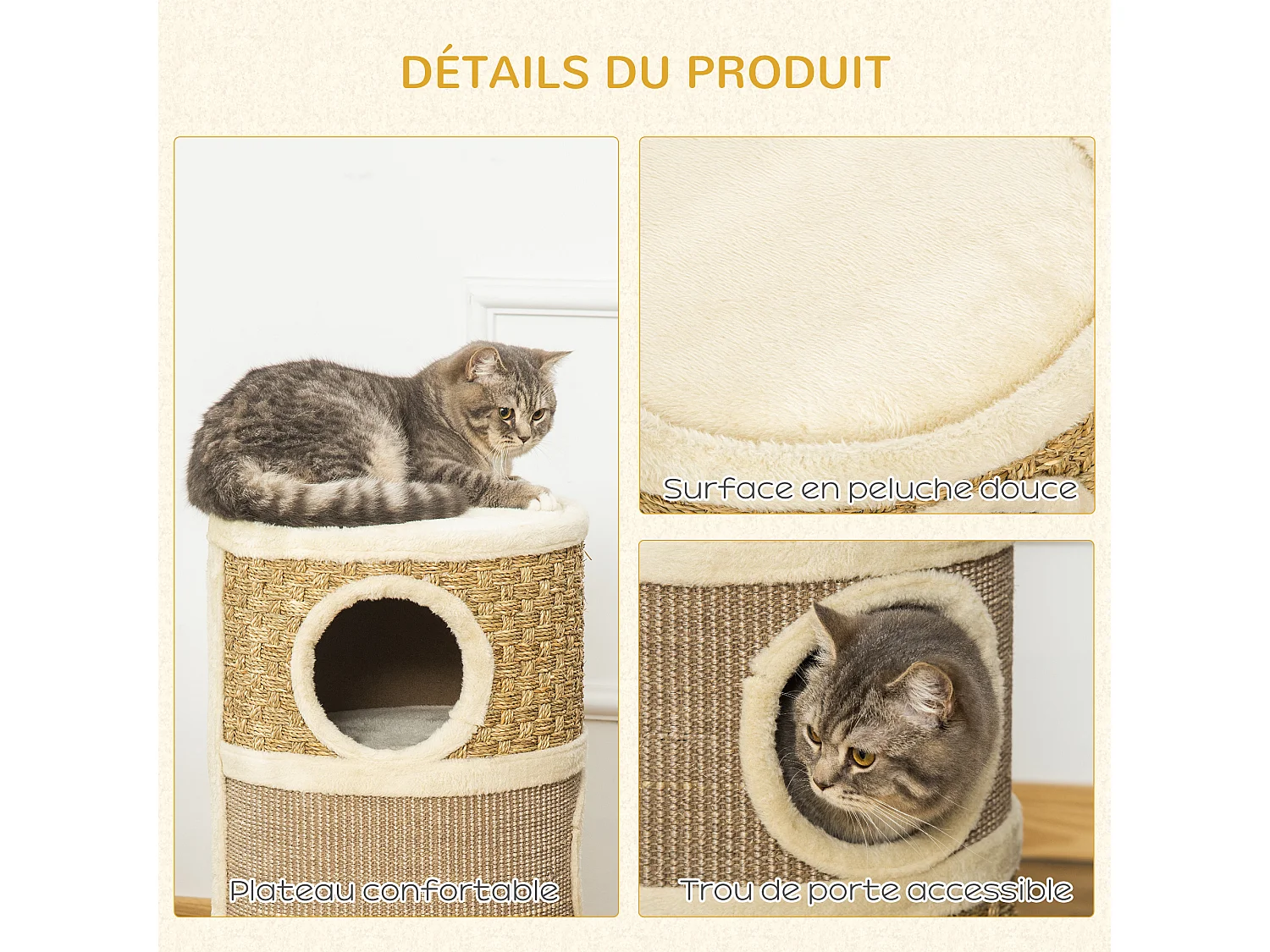 Arbre à chat cylindrique - tour à griffer pour chat - arbre à chat tour - Tonneau griffoir - 3 niches + plateforme - sisal corde d'algues beige