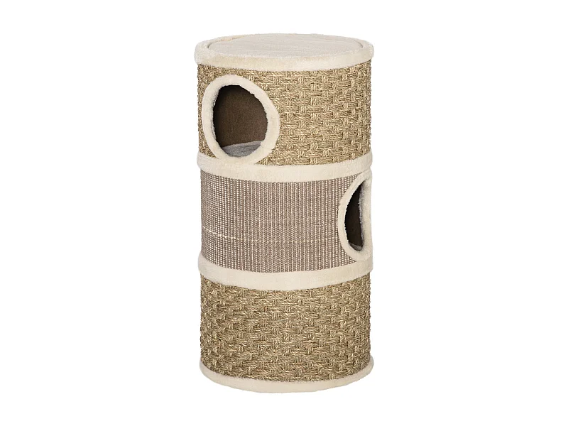 Arbre à chat cylindrique - tour à griffer pour chat - arbre à chat tour - Tonneau griffoir - 3 niches + plateforme - sisal corde d'algues beige