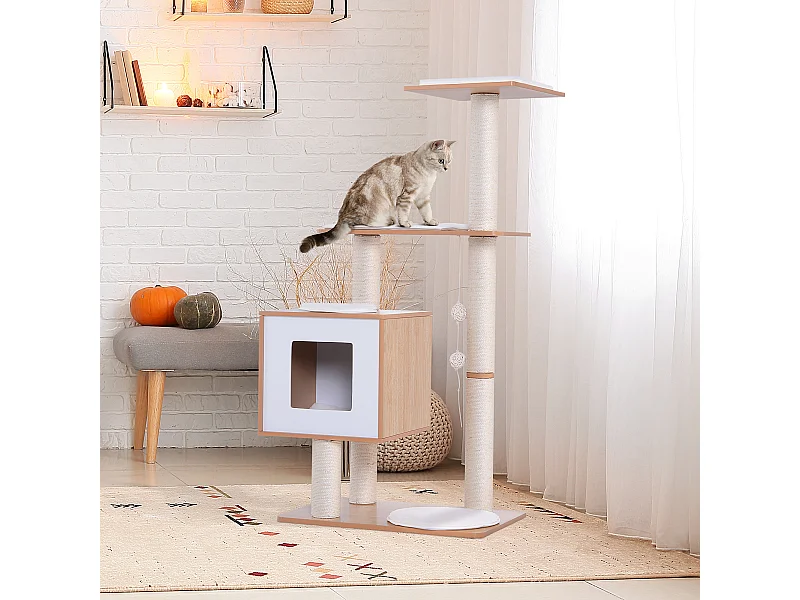 Arbre à chats design contemporain griffoirs grattoirs sisal naturel centre d'activités niche plate-formes jeu boules suspendues 71L x 49l x 120H cm MDF hêtre clair
