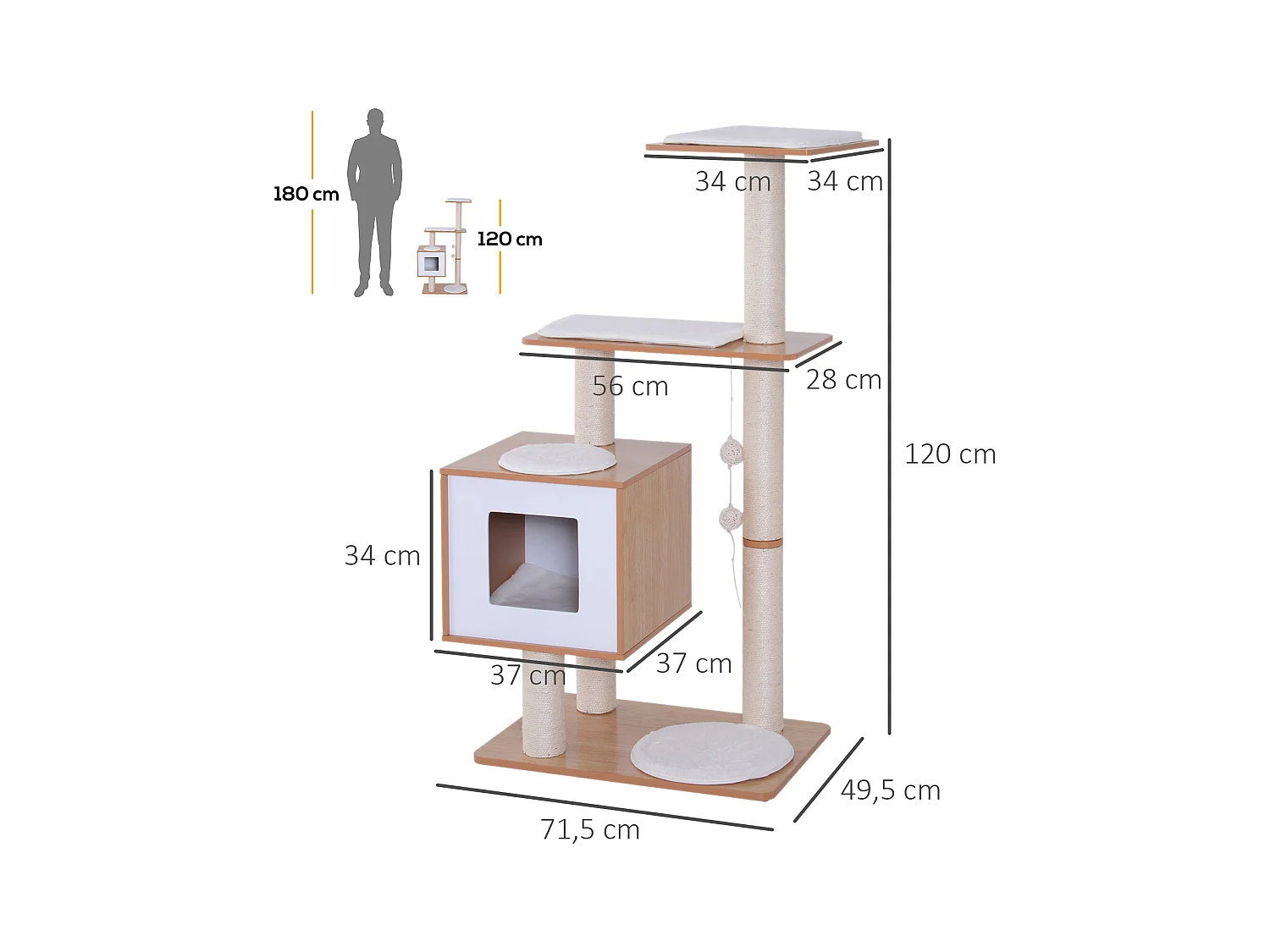 Arbre à chats design contemporain griffoirs grattoirs sisal naturel centre d'activités niche plate-formes jeu boules suspendues 71L x 49l x 120H cm MDF hêtre clair