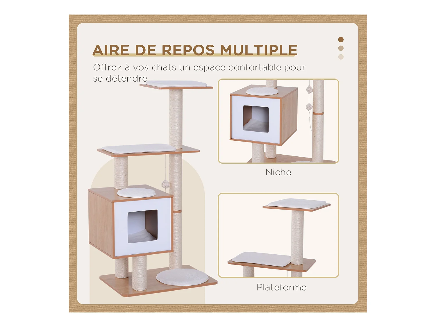 Arbre à chats design contemporain griffoirs grattoirs sisal naturel centre d'activités niche plate-formes jeu boules suspendues 71L x 49l x 120H cm MDF hêtre clair