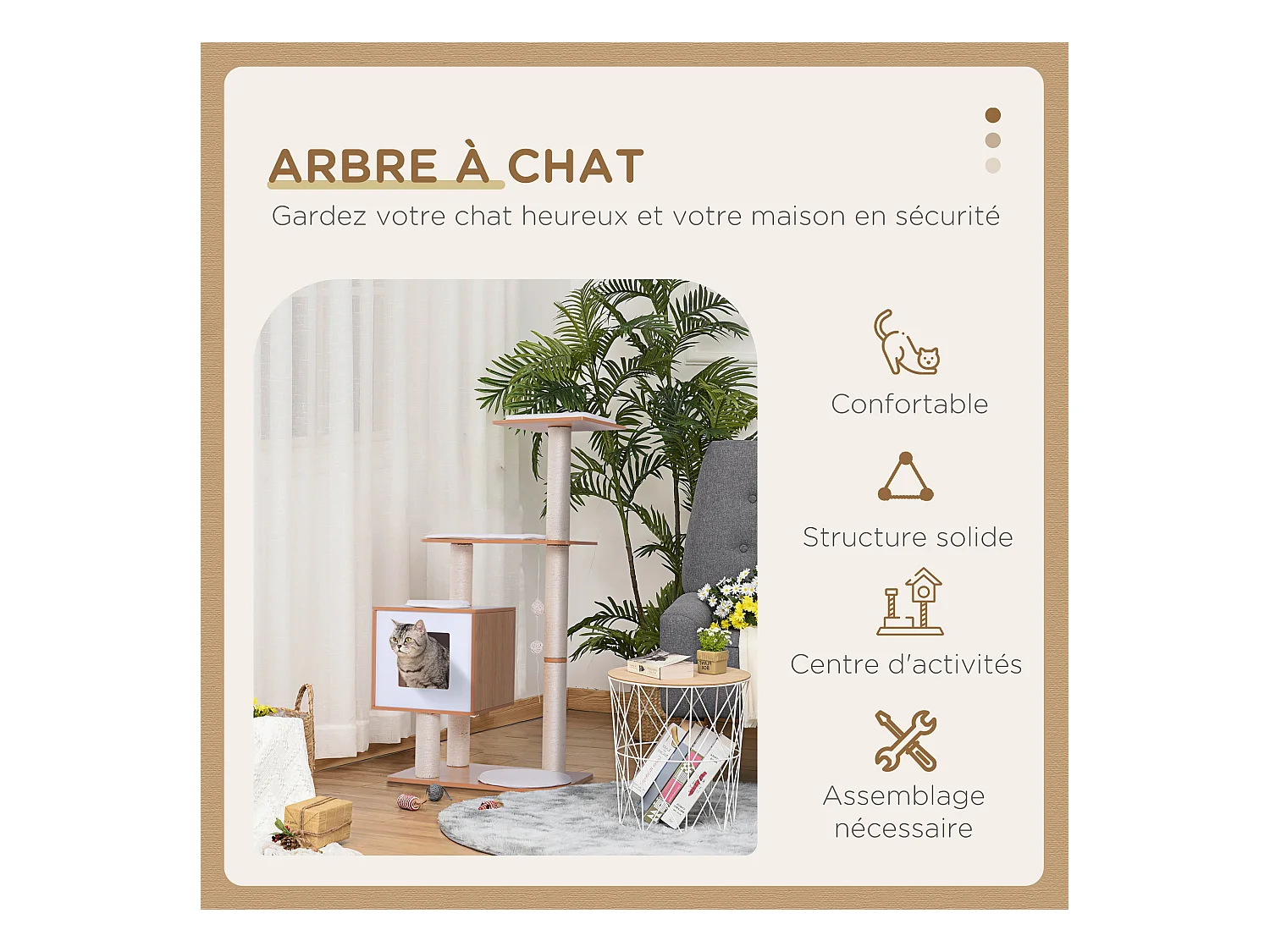 Arbre à chats design contemporain griffoirs grattoirs sisal naturel centre d'activités niche plate-formes jeu boules suspendues 71L x 49l x 120H cm MDF hêtre clair