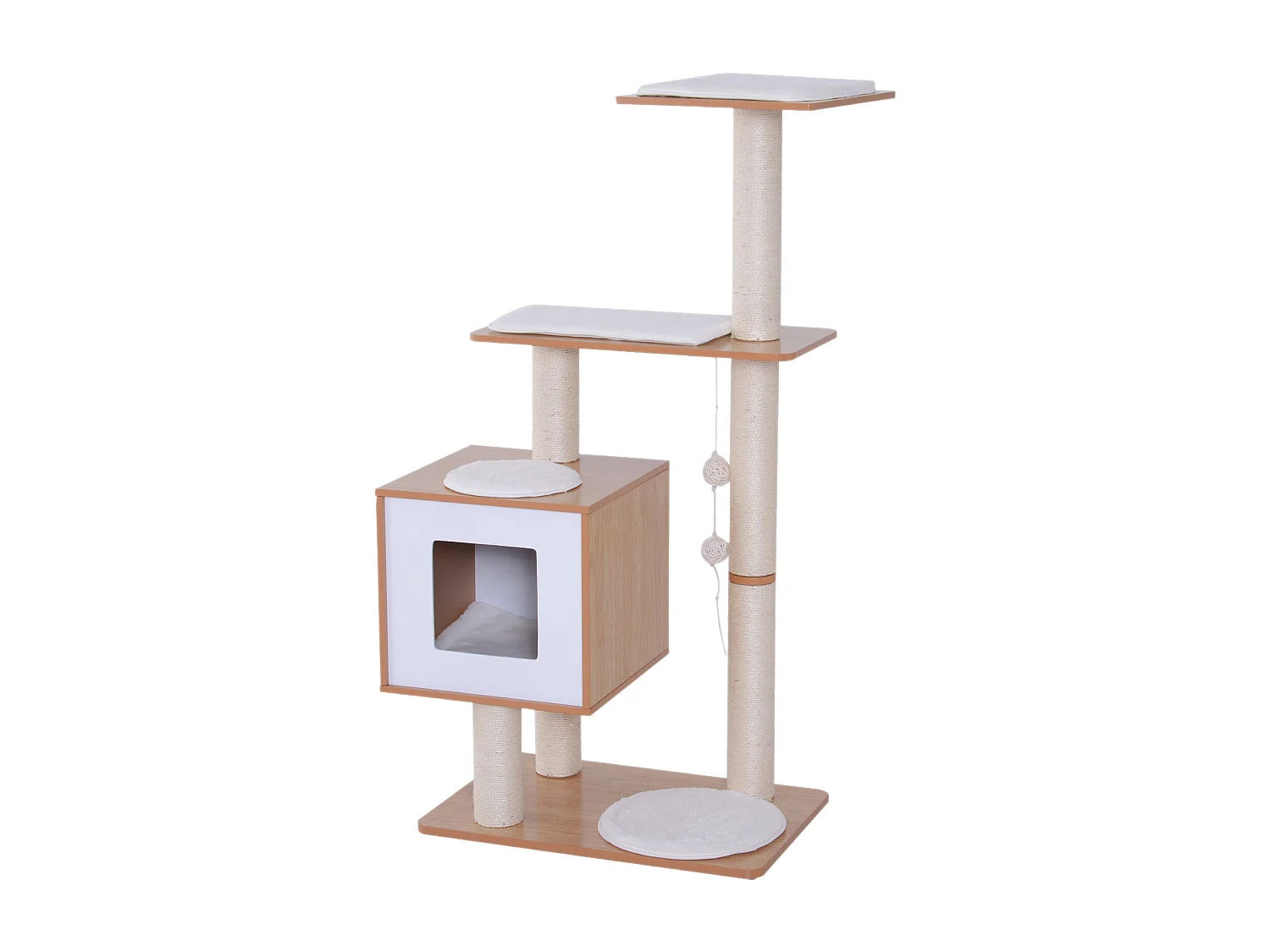 Arbre à chats design contemporain griffoirs grattoirs sisal naturel centre d'activités niche plate-formes jeu boules suspendues 71L x 49l x 120H cm MDF hêtre clair