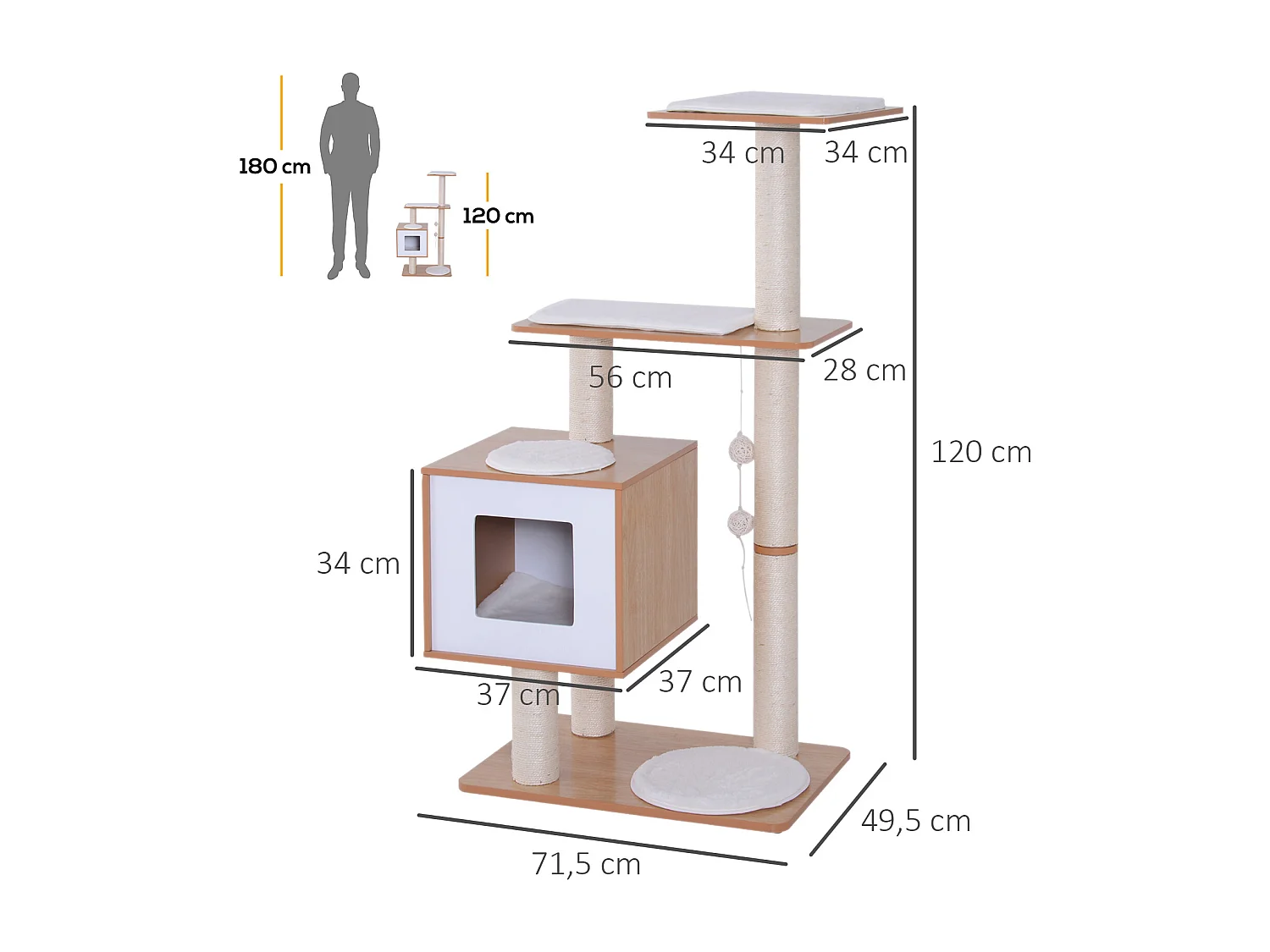 Arbre à chats design contemporain griffoirs grattoirs sisal naturel centre d'activités niche plate-formes jeu boules suspendues 71L x 49l x 120H cm MDF hêtre clair