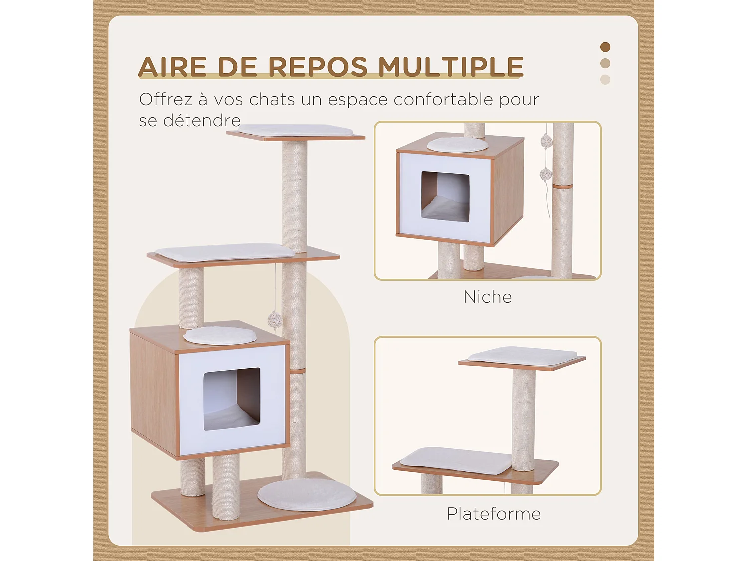 Arbre à chats design contemporain griffoirs grattoirs sisal naturel centre d'activités niche plate-formes jeu boules suspendues 71L x 49l x 120H cm MDF hêtre clair