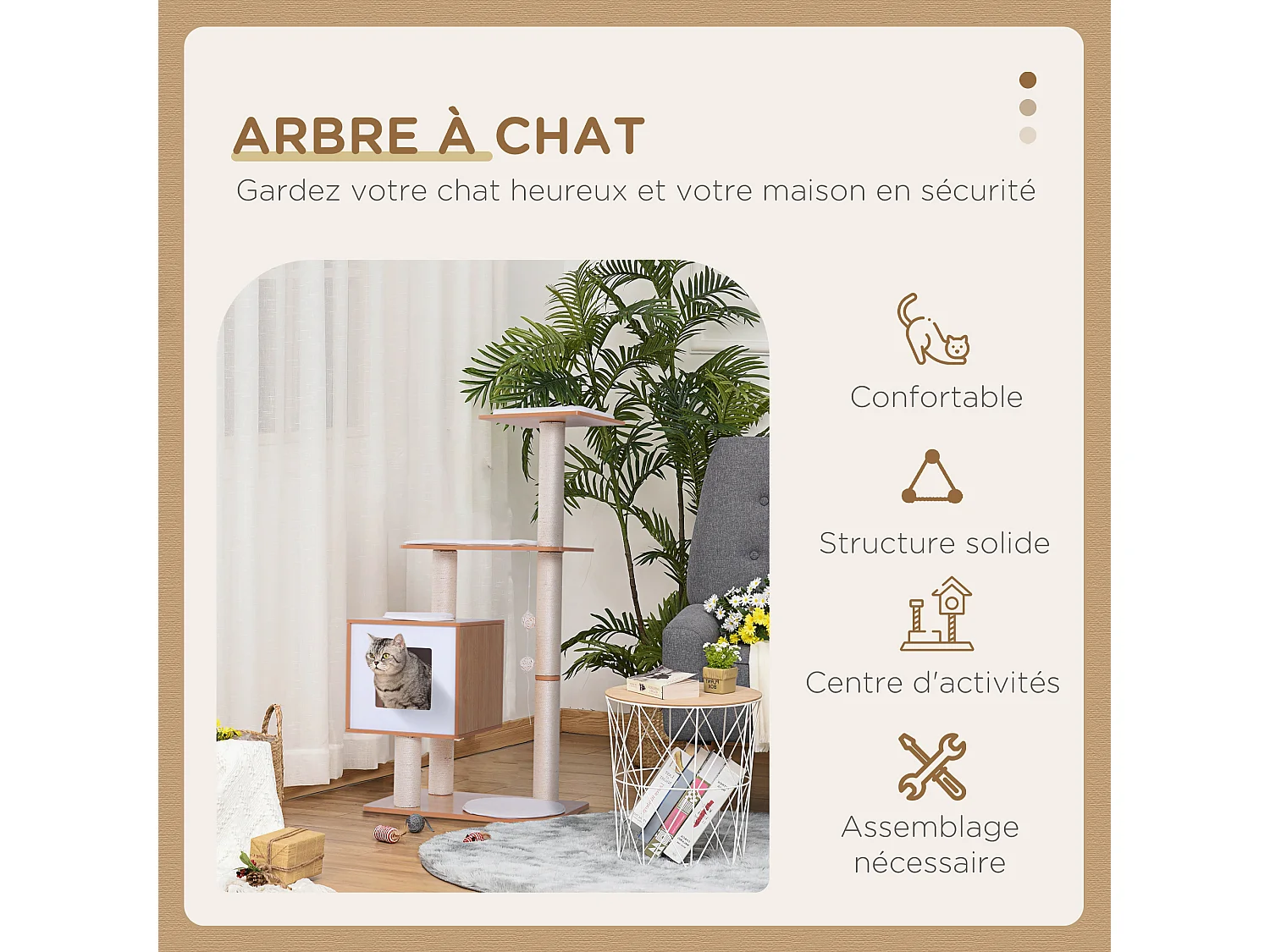 Arbre à chats design contemporain griffoirs grattoirs sisal naturel centre d'activités niche plate-formes jeu boules suspendues 71L x 49l x 120H cm MDF hêtre clair